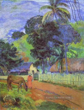 Paul Gauguin Werke - Pferd auf Straße Tahitian Landschaft Pfosten Impressionismus Primitivismus Paul Gauguin